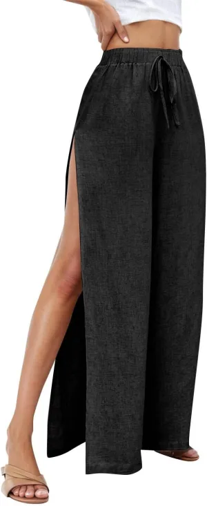 Linen Pants for Women Beach Wide Leg Side Split Ankle Palazzo Pants Drawstring Elastic Waist Summer Flowy Trousers