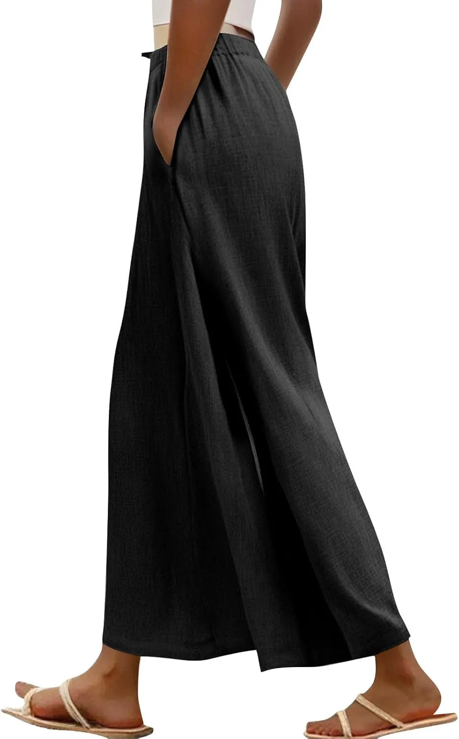 Linen Pants for Women Beach Wide Leg Side Split Ankle Palazzo Pants Drawstring Elastic Waist Summer Flowy Trousers