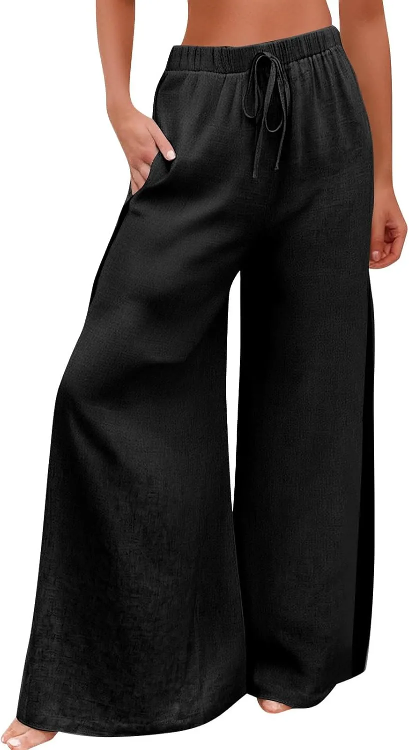 Linen Pants for Women Beach Wide Leg Side Split Ankle Palazzo Pants Drawstring Elastic Waist Summer Flowy Trousers