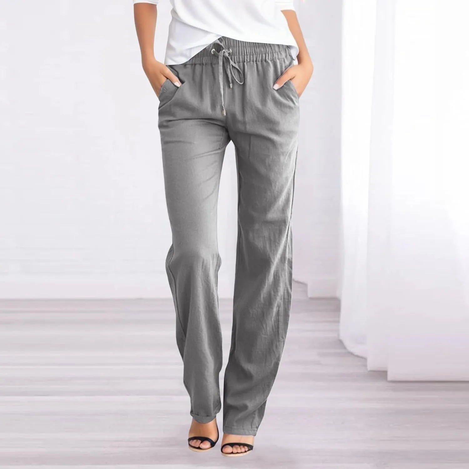 Linen Pants for Women High Waisted Drawstring Relaxed Fit Wide Leg Pant Elastic Waist Casual Lightweight Trousers