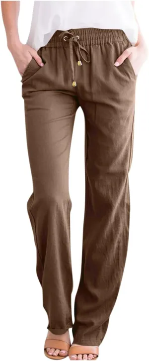 Linen Pants for Women Summer Loose Fit Straight Leg Lounge Pants with Pockets Drawstring Elastic Waist Trousers Pants