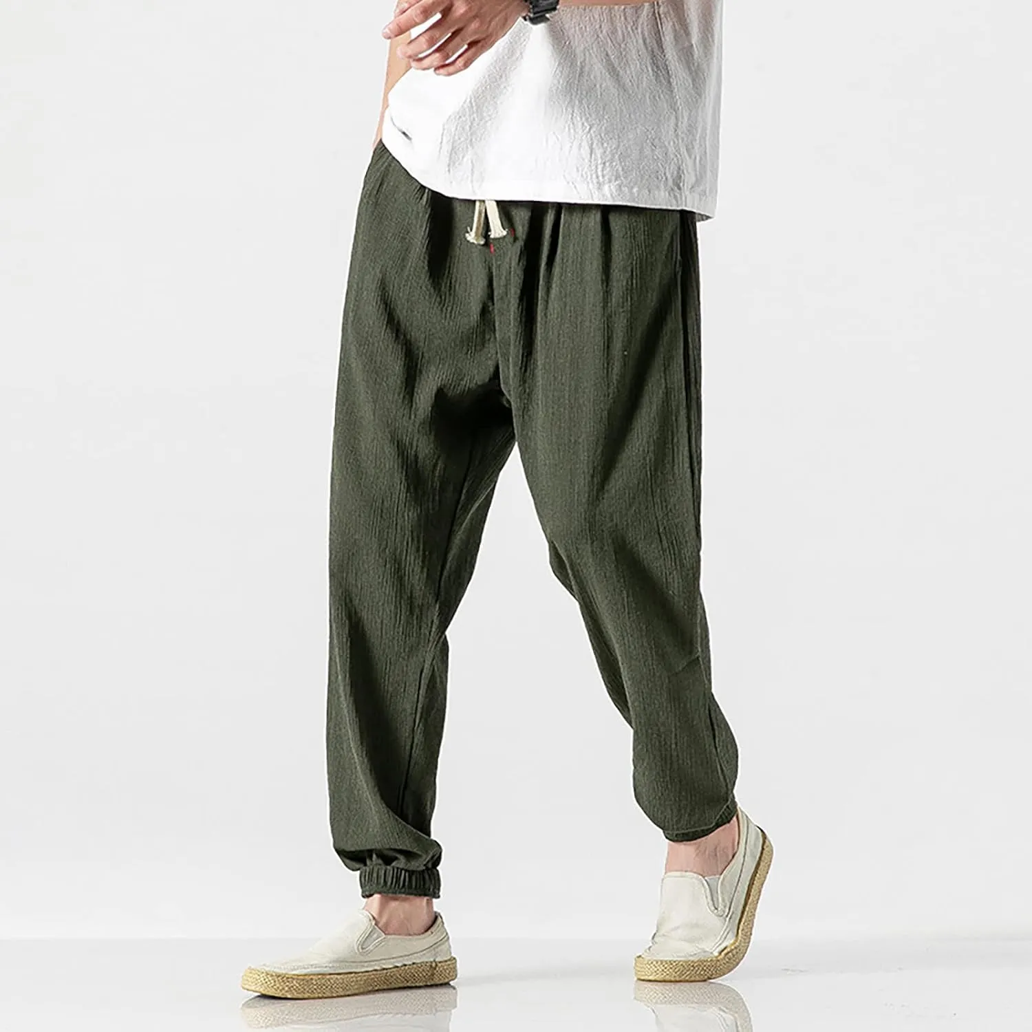 Linen Pants Men Beach Casual Drawstring Elastic Waist Beach Yoga Pants Summer Lightweight Trousers with Pockets
