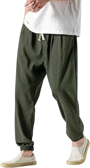 Linen Pants Men Beach Casual Drawstring Elastic Waist Beach Yoga Pants Summer Lightweight Trousers with Pockets