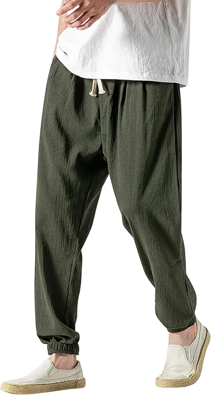 Linen Pants Men Beach Casual Drawstring Elastic Waist Beach Yoga Pants Summer Lightweight Trousers with Pockets