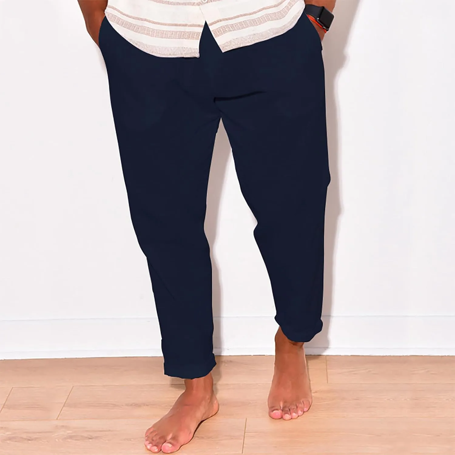 Linen Pants Men Tapered Leg Casual Elastic Waist Summer Beach Pants Lightweight Breathable Yoga Vacation Trousers