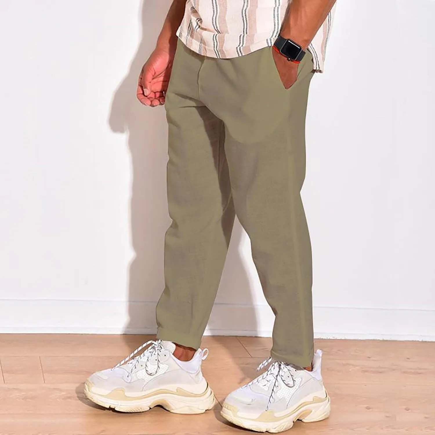 Linen Pants Men Tapered Leg Casual Elastic Waist Summer Beach Pants Lightweight Breathable Yoga Vacation Trousers