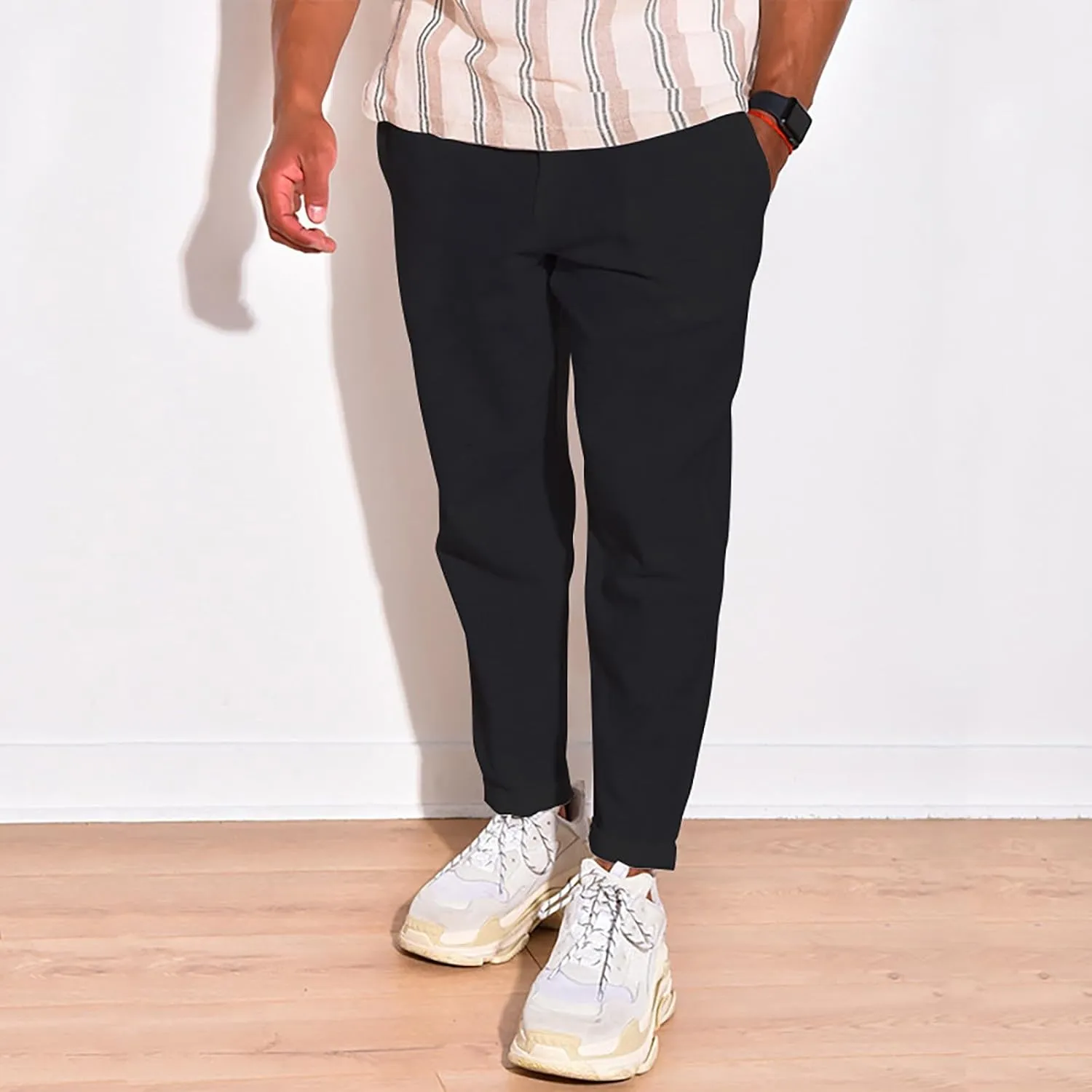 Linen Pants Men Tapered Leg Casual Elastic Waist Summer Beach Pants Lightweight Breathable Yoga Vacation Trousers
