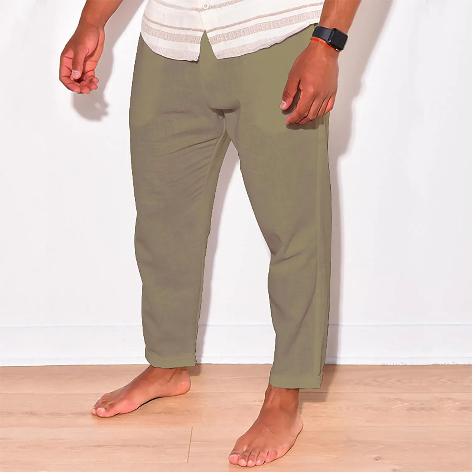 Linen Pants Men Tapered Leg Casual Elastic Waist Summer Beach Pants Lightweight Breathable Yoga Vacation Trousers