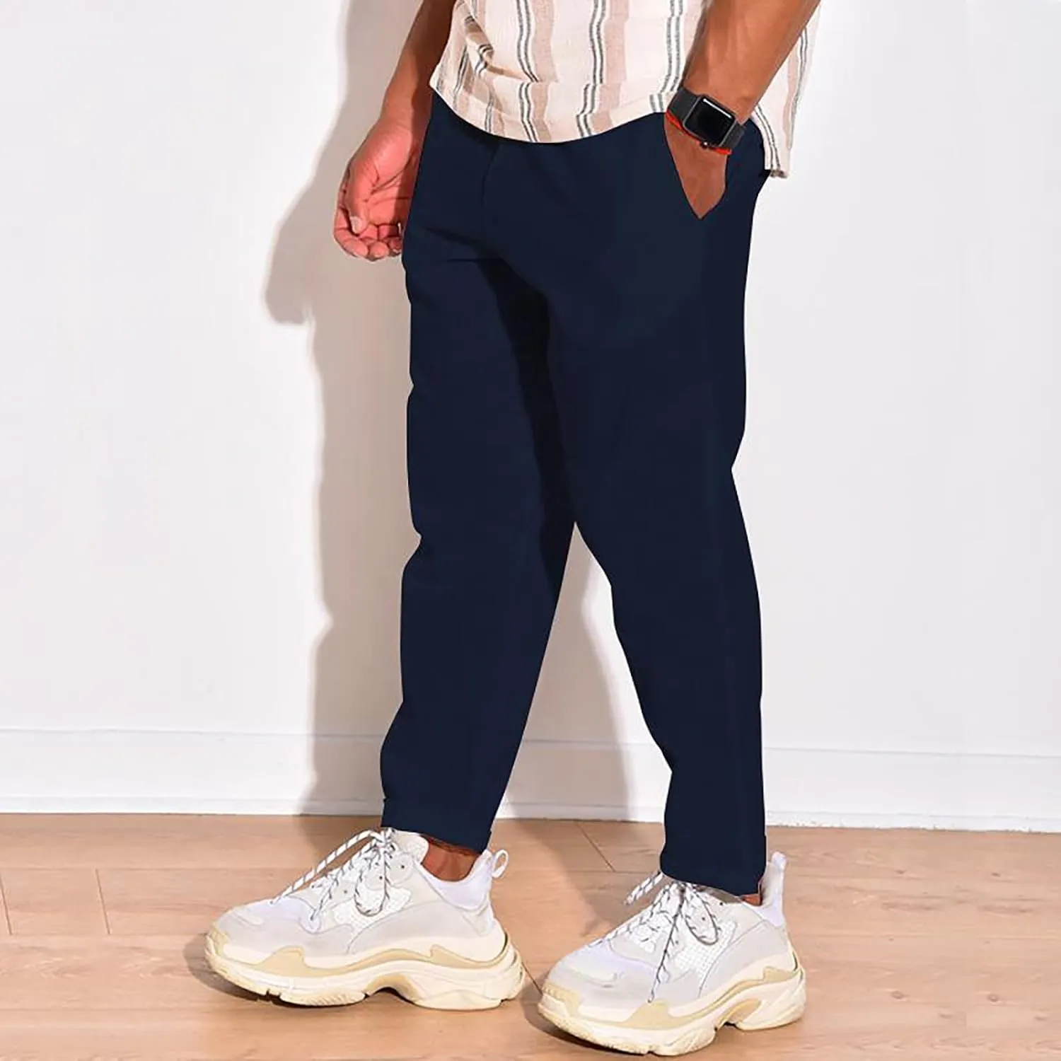 Linen Pants Men Tapered Leg Casual Elastic Waist Summer Beach Pants Lightweight Breathable Yoga Vacation Trousers