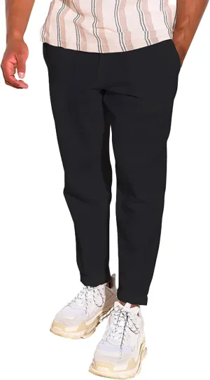 Linen Pants Men Tapered Leg Casual Elastic Waist Summer Beach Pants Lightweight Breathable Yoga Vacation Trousers
