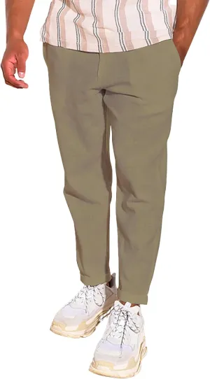 Linen Pants Men Tapered Leg Casual Elastic Waist Summer Beach Pants Lightweight Breathable Yoga Vacation Trousers
