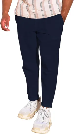 Linen Pants Men Tapered Leg Casual Elastic Waist Summer Beach Pants Lightweight Breathable Yoga Vacation Trousers