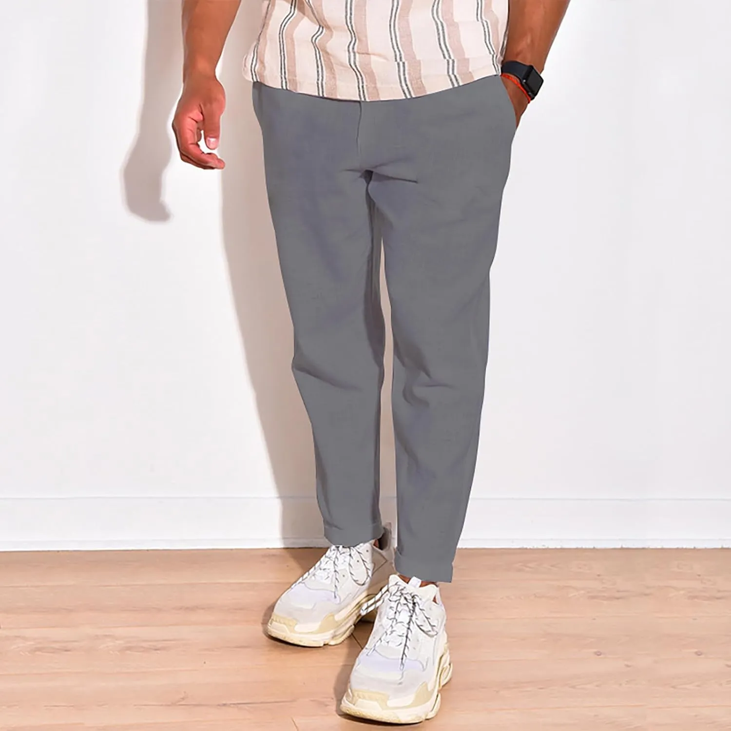 Linen Pants Men Tapered Leg Casual Elastic Waist Summer Beach Pants Lightweight Breathable Yoga Vacation Trousers