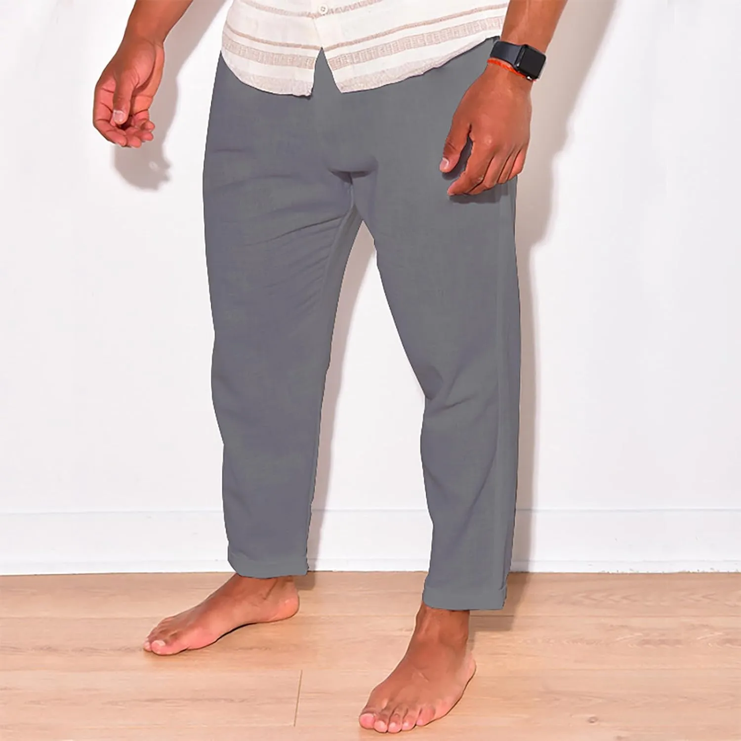 Linen Pants Men Tapered Leg Casual Elastic Waist Summer Beach Pants Lightweight Breathable Yoga Vacation Trousers