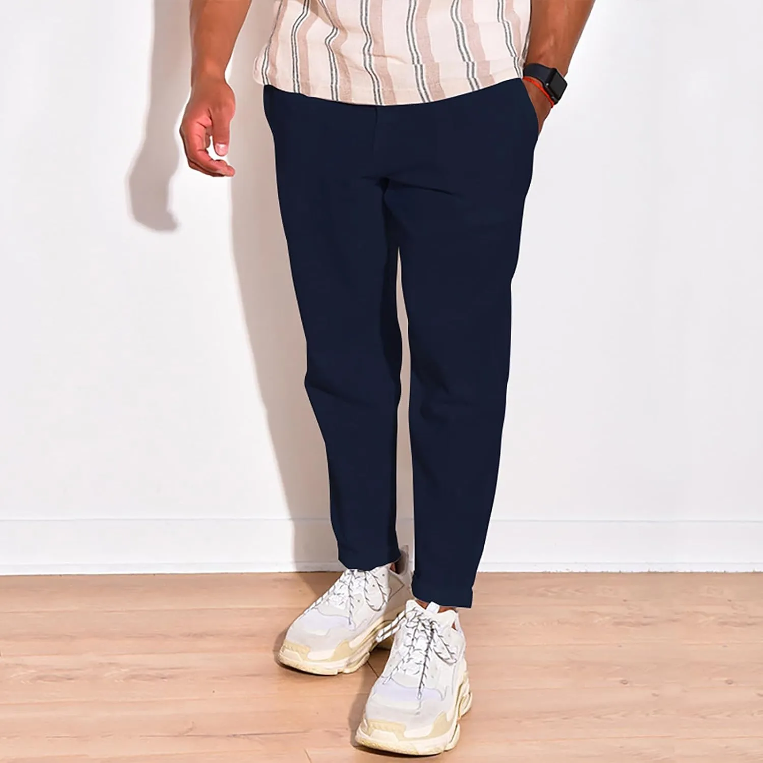 Linen Pants Men Tapered Leg Casual Elastic Waist Summer Beach Pants Lightweight Breathable Yoga Vacation Trousers