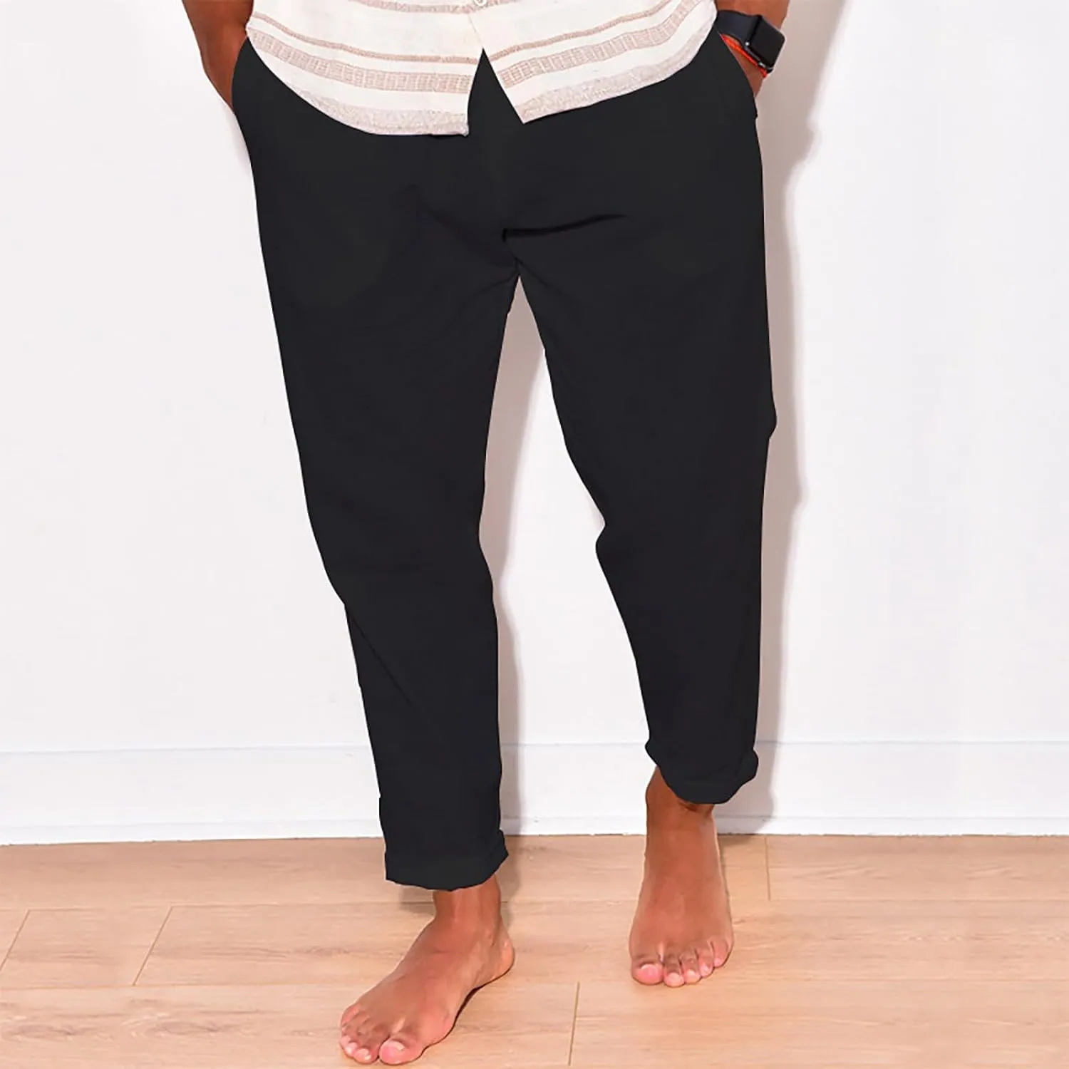 Linen Pants Men Tapered Leg Casual Elastic Waist Summer Beach Pants Lightweight Breathable Yoga Vacation Trousers