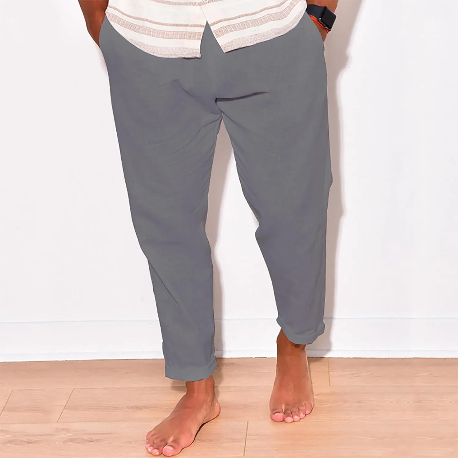 Linen Pants Men Tapered Leg Casual Elastic Waist Summer Beach Pants Lightweight Breathable Yoga Vacation Trousers