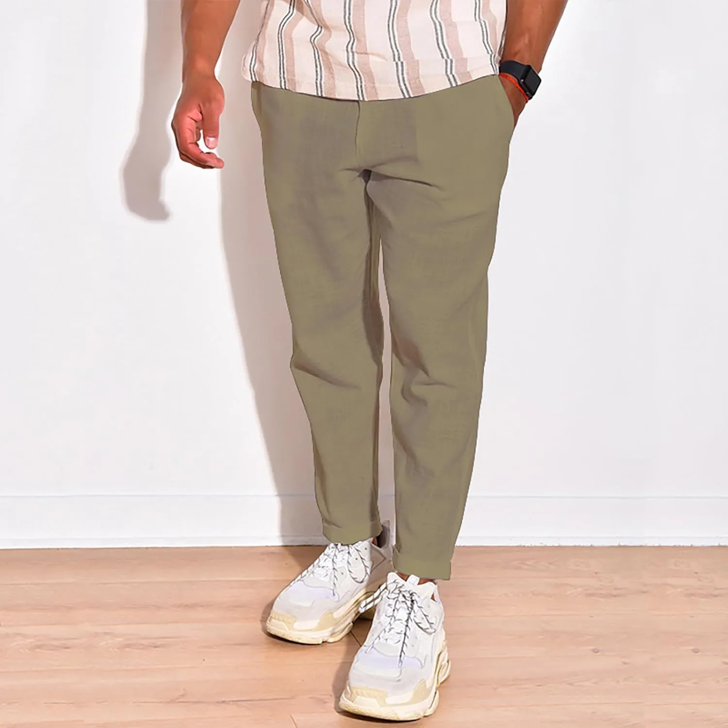 Linen Pants Men Tapered Leg Casual Elastic Waist Summer Beach Pants Lightweight Breathable Yoga Vacation Trousers