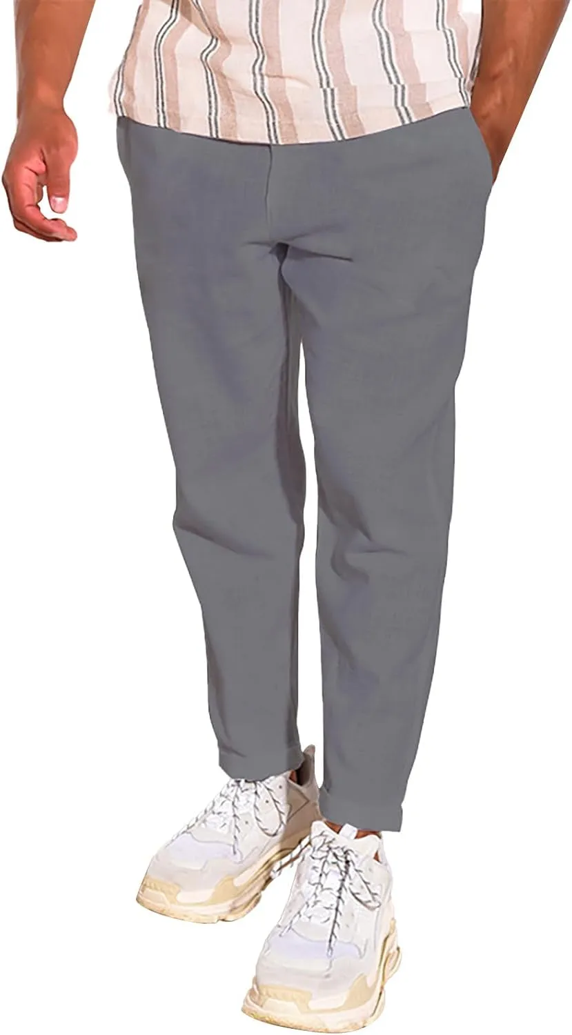 Linen Pants Men Tapered Leg Casual Elastic Waist Summer Beach Pants Lightweight Breathable Yoga Vacation Trousers