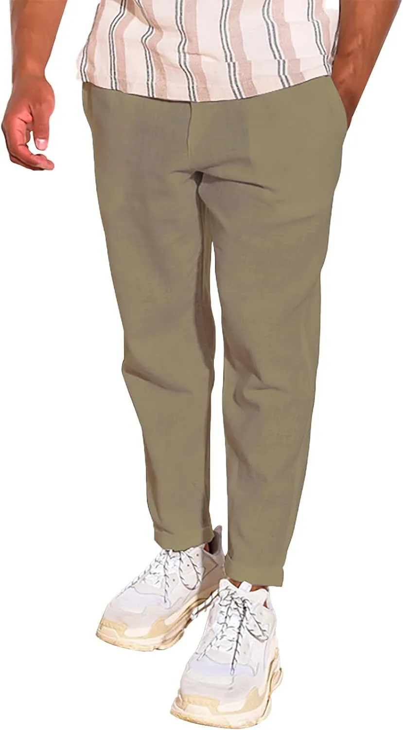 Linen Pants Men Tapered Leg Casual Elastic Waist Summer Beach Pants Lightweight Breathable Yoga Vacation Trousers