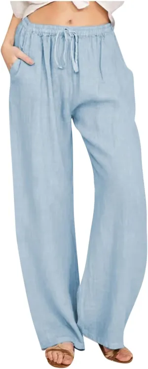 Linen Pants Women 2024 Summer Wide Leg Casual Palazzo Trousers Drawstring Elastic Waist Beach Vacation Outfits