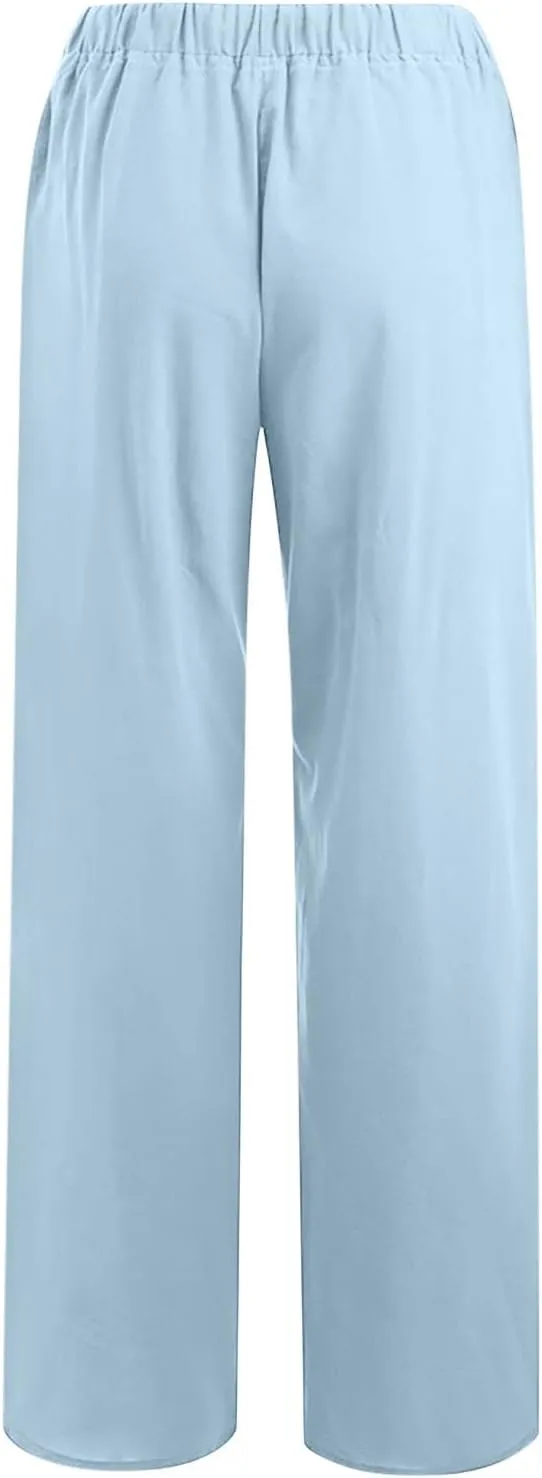 Linen Pants Women 2024 Summer Wide Leg Casual Palazzo Trousers Drawstring Elastic Waist Beach Vacation Outfits