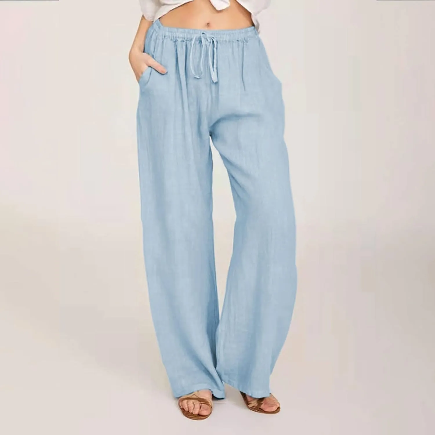 Linen Pants Women 2024 Summer Wide Leg Casual Palazzo Trousers Drawstring Elastic Waist Beach Vacation Outfits