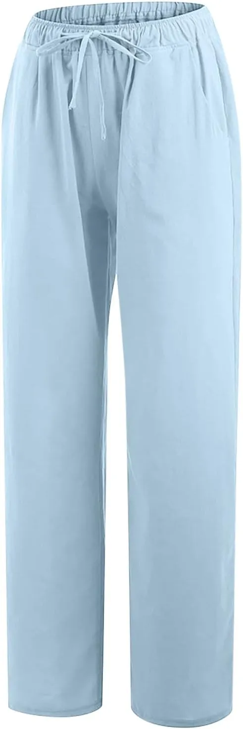 Linen Pants Women 2024 Summer Wide Leg Casual Palazzo Trousers Drawstring Elastic Waist Beach Vacation Outfits