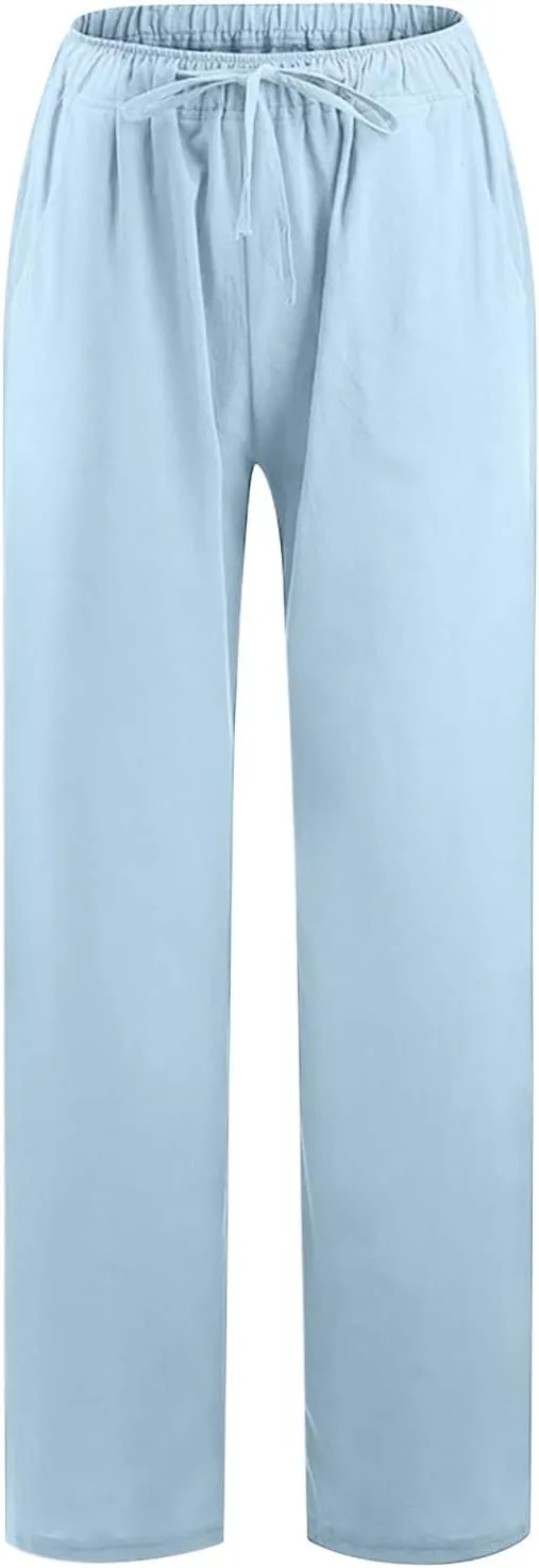 Linen Pants Women 2024 Summer Wide Leg Casual Palazzo Trousers Drawstring Elastic Waist Beach Vacation Outfits