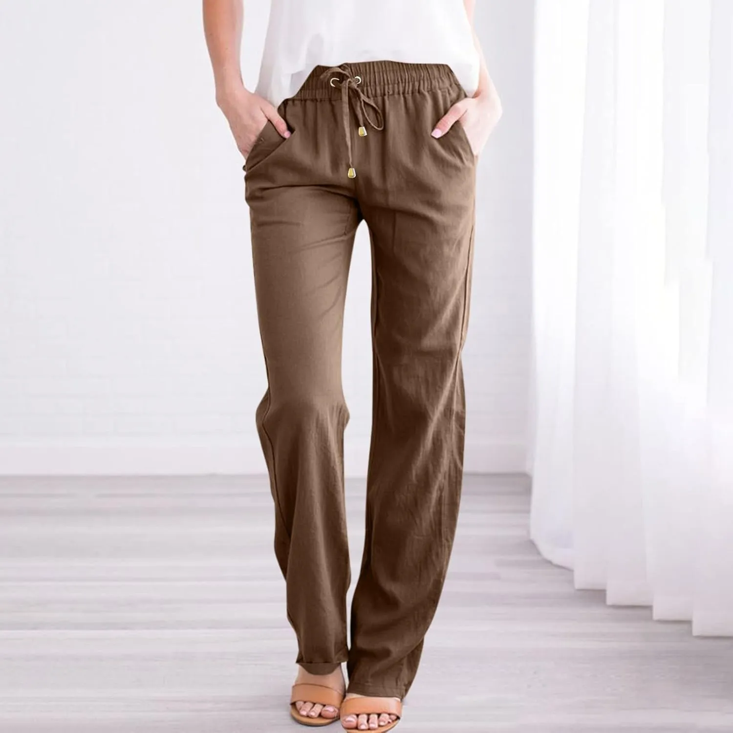 Linen Pants Women Lightweight Drawstring High Waisted Pull On Pants with Pockets Summer Boho Straight Leg Work Pants
