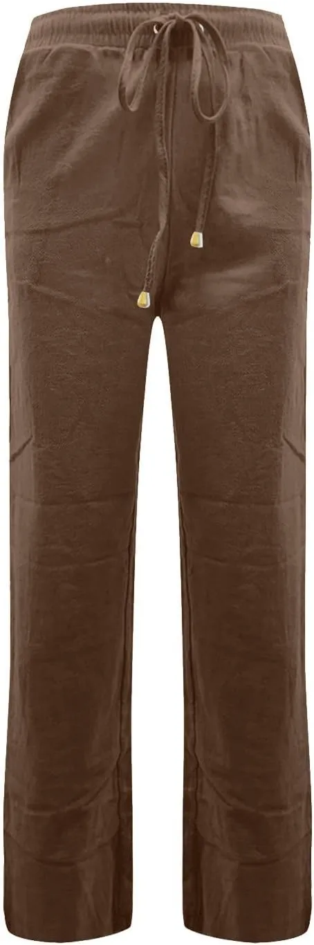 Linen Pants Women Lightweight Drawstring High Waisted Pull On Pants with Pockets Summer Boho Straight Leg Work Pants