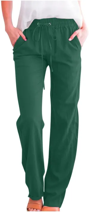 Linen Pants Women Long Summer Vacation Beach Pants Casual Cotton Linen Soft Comfy Lounge Pants Trousers with Pockets