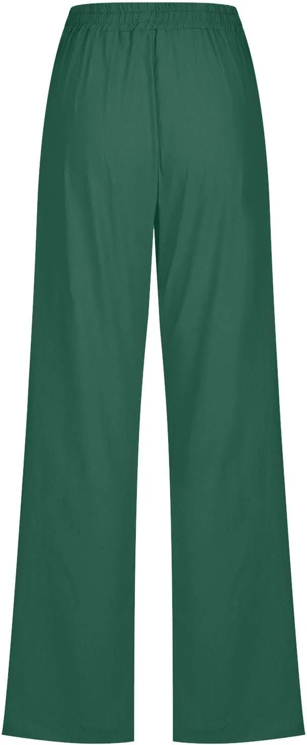 Linen Pants Women Long Summer Vacation Beach Pants Casual Cotton Linen Soft Comfy Lounge Pants Trousers with Pockets