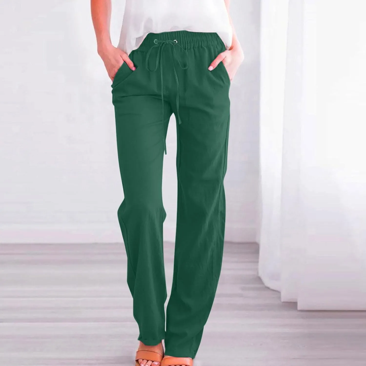 Linen Pants Women Long Summer Vacation Beach Pants Casual Cotton Linen Soft Comfy Lounge Pants Trousers with Pockets
