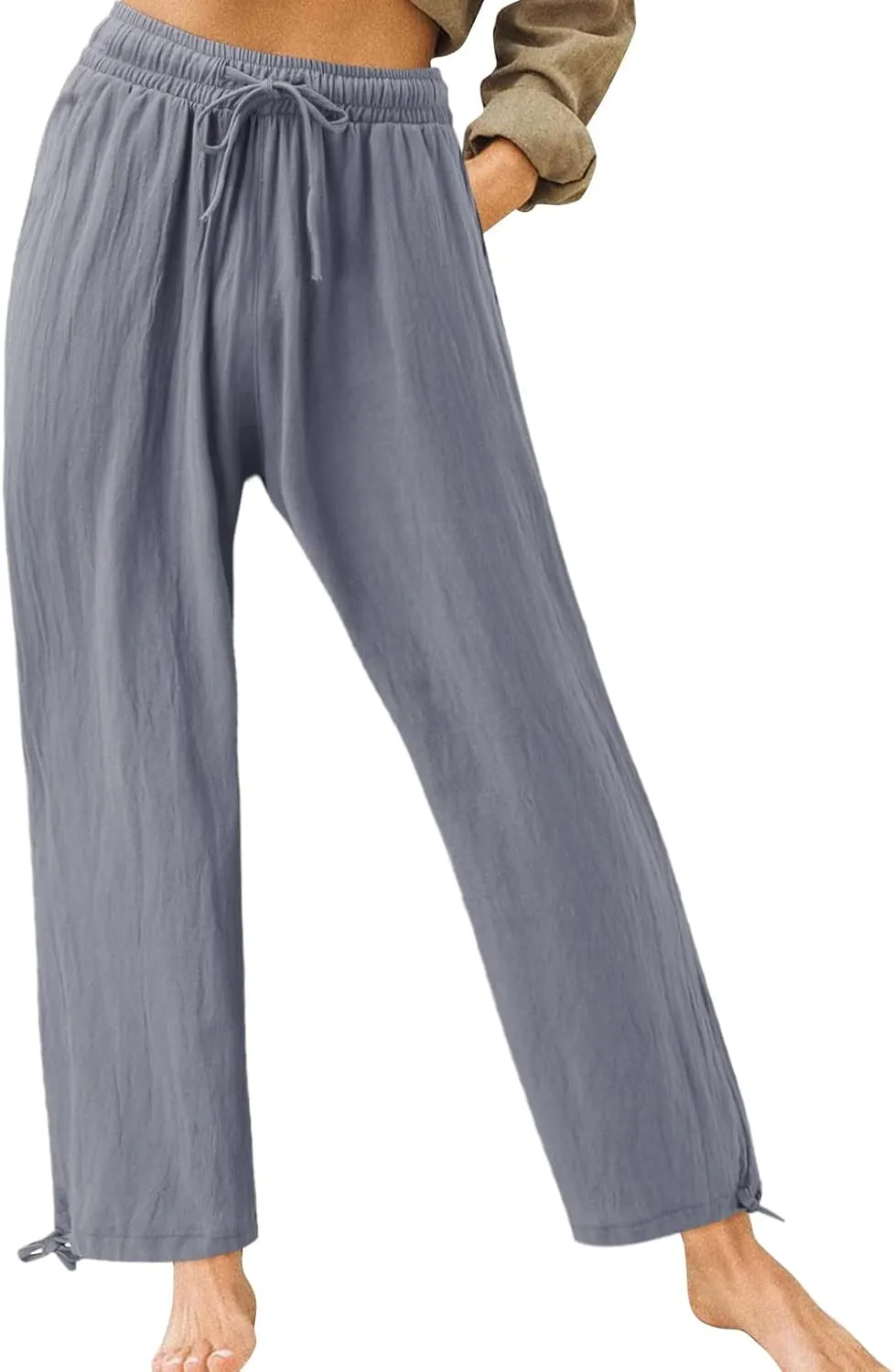 Linen Pants Women Plus Size Boho Comfy Flowy Wide Leg Trouser Summer High Waist Beach Palazzo Sweatpant with Pocket