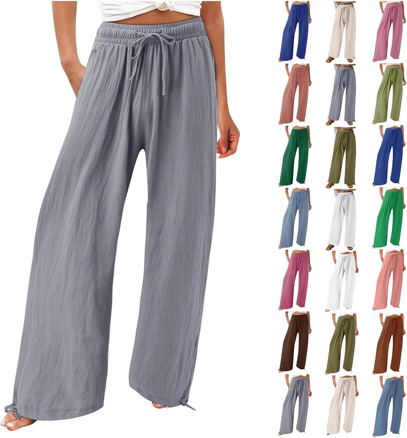 Linen Pants Women Plus Size Boho Comfy Flowy Wide Leg Trouser Summer High Waist Beach Palazzo Sweatpant with Pocket