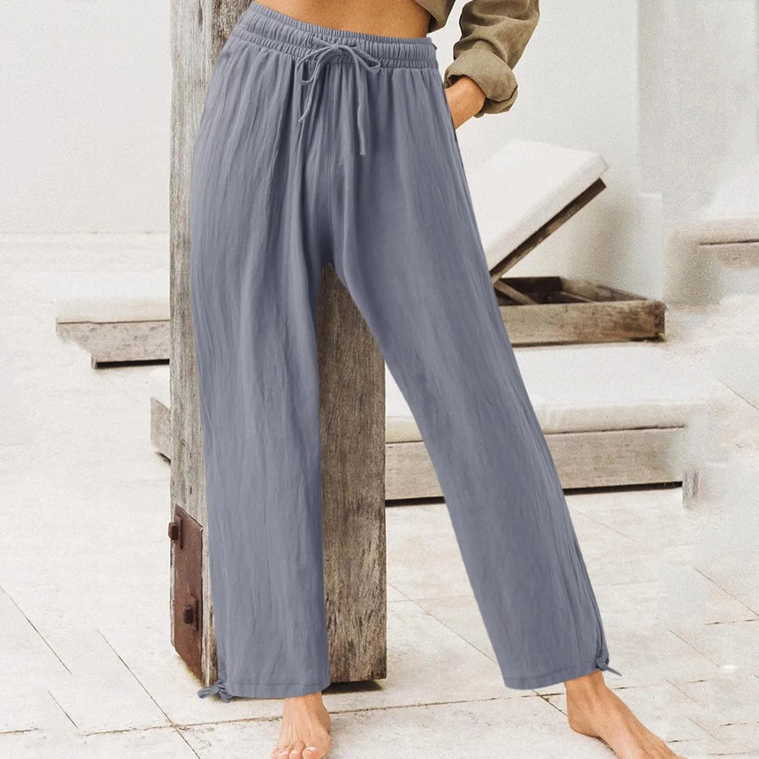 Linen Pants Women Plus Size Boho Comfy Flowy Wide Leg Trouser Summer High Waist Beach Palazzo Sweatpant with Pocket