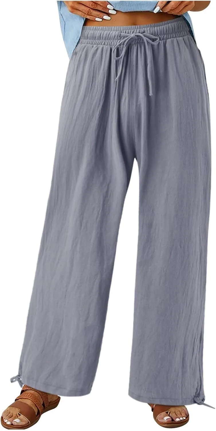 Linen Pants Women Plus Size Boho Comfy Flowy Wide Leg Trouser Summer High Waist Beach Palazzo Sweatpant with Pocket