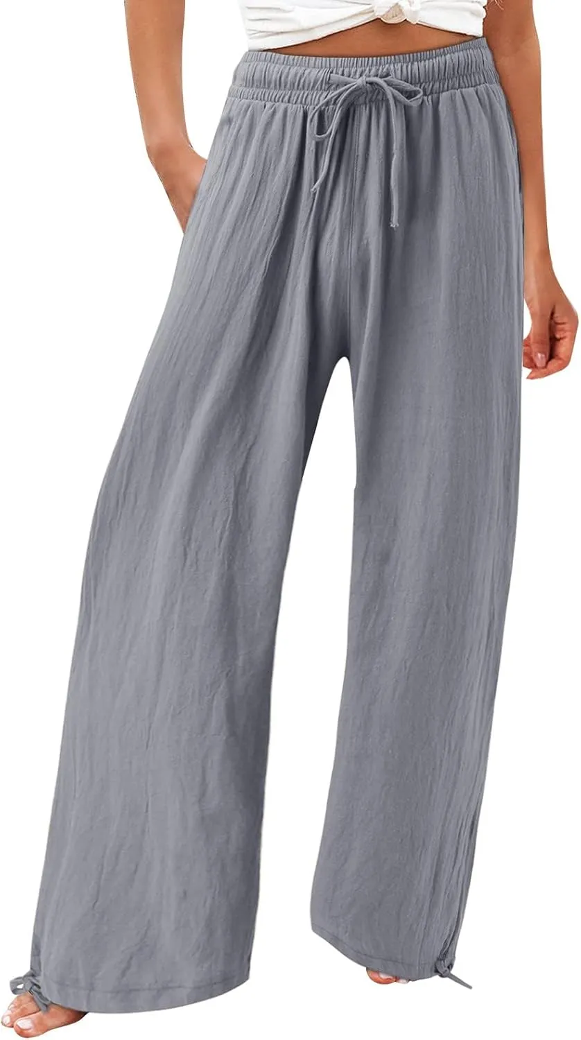 Linen Pants Women Plus Size Boho Comfy Flowy Wide Leg Trouser Summer High Waist Beach Palazzo Sweatpant with Pocket
