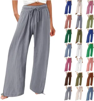 Linen Pants Women Plus Size Boho Comfy Flowy Wide Leg Trouser Summer High Waist Beach Palazzo Sweatpant with Pocket
