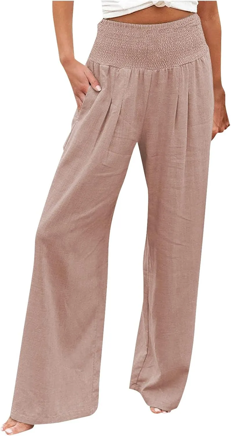 Linen Pants Women Plus Size Boho Women's Loose Trousers Linen High Waist Wide Leg Pants Pockets for Spring Summer