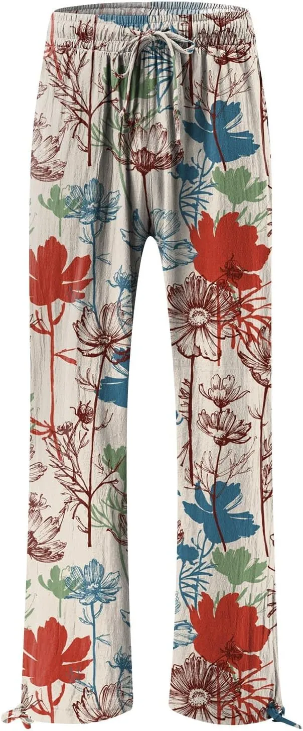 Linen Pants Women Plus Size Boho Women's Loose Trousers Linen High Waist Wide Leg Pants Pockets for Spring Summer