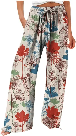 Linen Pants Women Plus Size Boho Women's Loose Trousers Linen High Waist Wide Leg Pants Pockets for Spring Summer