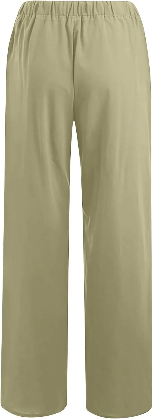 Linen Pants Women Wide Leg Pants High Waisted Lounge Pants Drawstring Elastic Waist Pants Casual Beach Trousers 2025