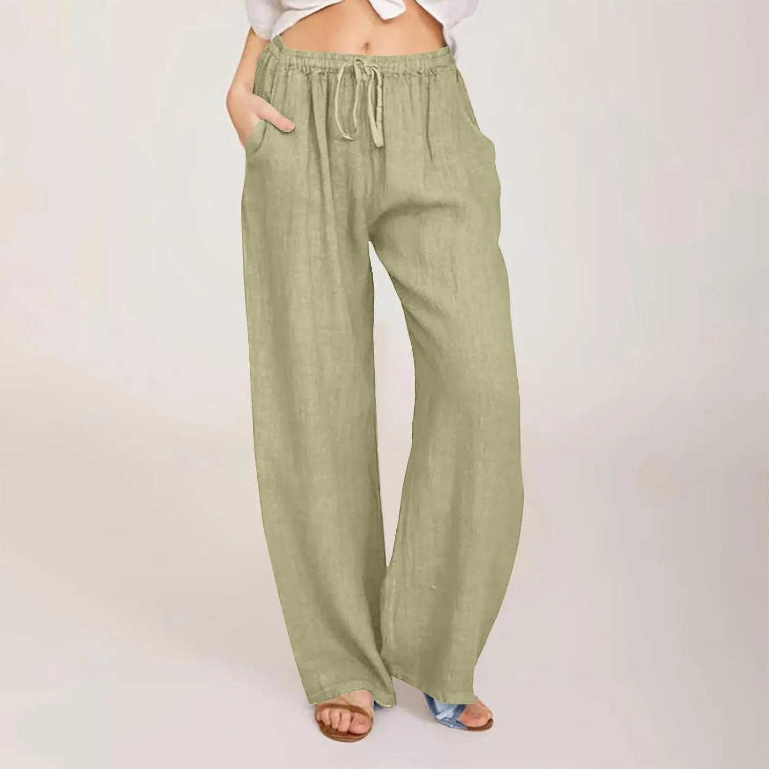 Linen Pants Women Wide Leg Pants High Waisted Lounge Pants Drawstring Elastic Waist Pants Casual Beach Trousers 2025