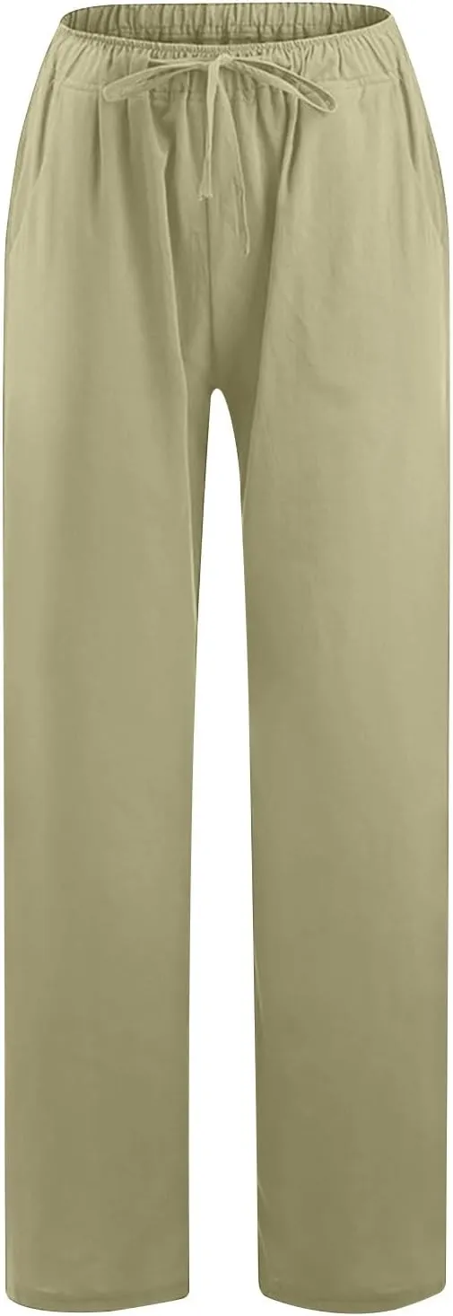 Linen Pants Women Wide Leg Pants High Waisted Lounge Pants Drawstring Elastic Waist Pants Casual Beach Trousers 2025