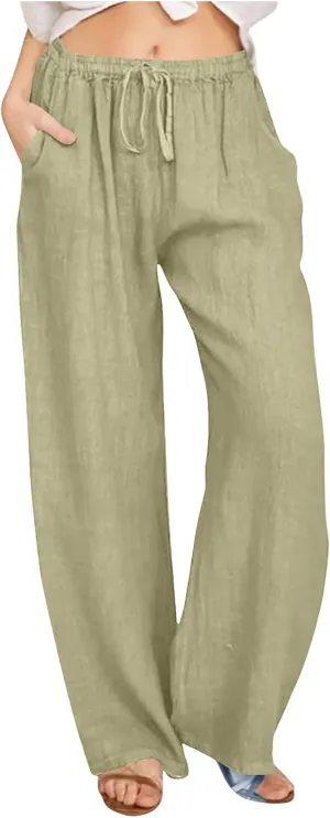 Linen Pants Women Wide Leg Pants High Waisted Lounge Pants Drawstring Elastic Waist Pants Casual Beach Trousers 2025