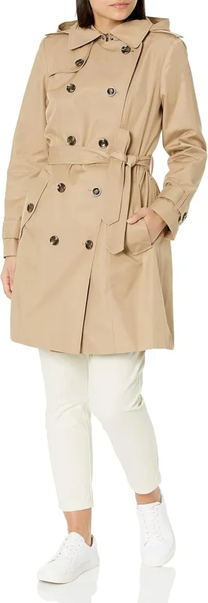 LONDON FOG Women's Stone Khaki Belted Hooded Trench Jacket Coat (US, Alpha, XX-Large, Regular, Regular, Stone)