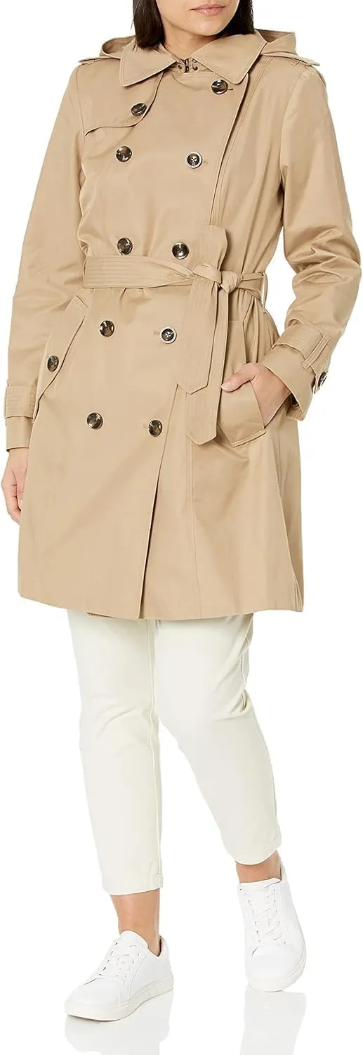 LONDON FOG Women's Stone Khaki Belted Hooded Trench Jacket Coat (US, Alpha, XX-Large, Regular, Regular, Stone)