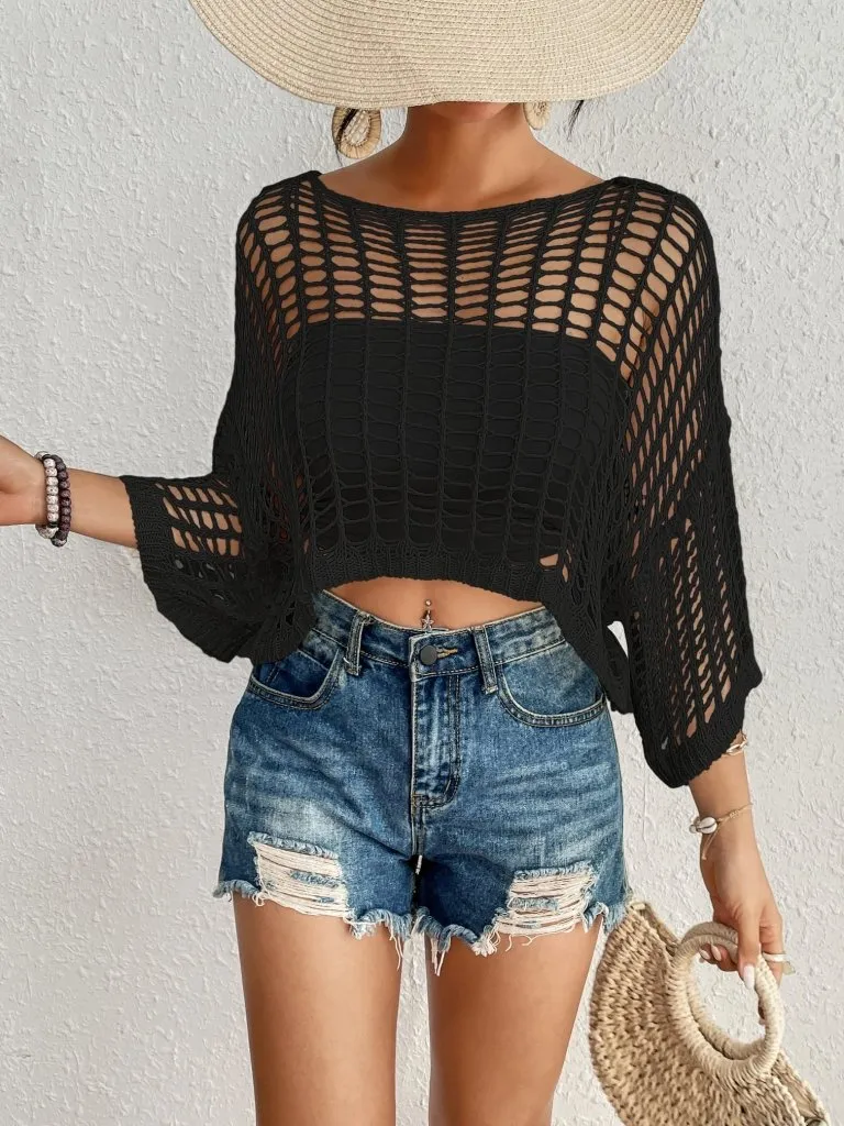 Long Sleeve Crochet Mesh Swimsuit Cover Up